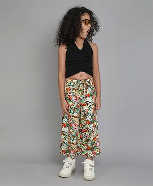 Taffy Sleevelesss Solid Rushed Halter Neck Crop Top With All Over Floral Printed Flared Bottom Pant Set - Black & Multi Color