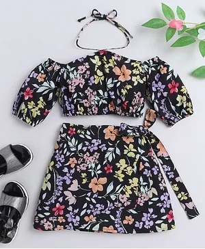 Taffy Half Puffed Sleeves Neck Tie Up All Over Floral Printed Top & Skirt Coordinated Set - Black