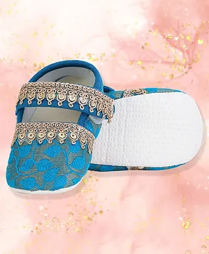 Coco Candy Golden Lace Embellished Brocade Booties - Blue