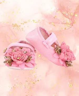 Coco Candy Stone Embellished & Flower Applique Velcro Closure Velvet Booties - Pink