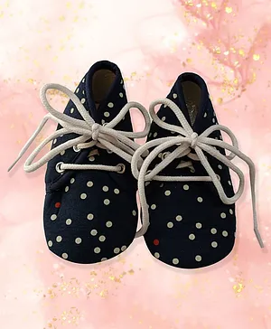 Coco Candy Polka Dot Printed Lace Tie Up Booties - Navy Blue