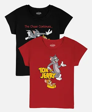 Kidsville Pack Of 2 Cap Sleeves Tom & Jerry The Chase Continues Printed Tees - Red & Black