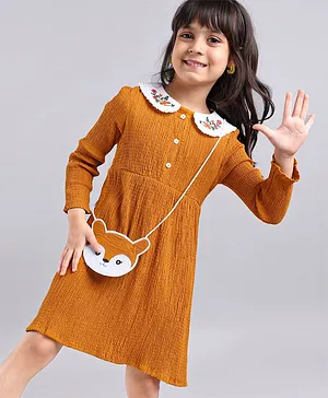 Babyhug Cotton Crinkled Spandex Strechable Dress With Cute Fox Sling Bag & Embroided Collar- Mustard