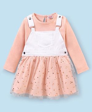 Babyhug Full Sleeves Inner Tee With Full Sleeves Mesh Frock Star Print- Peach