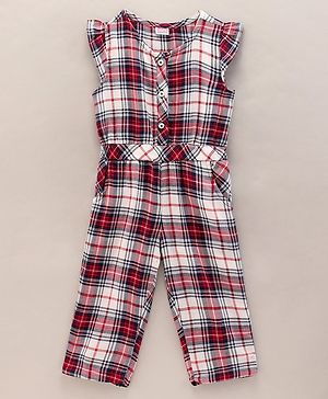 Babyhug Yarndyed Sleeveless Jumpsuit Checks - Red