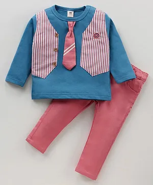ToffyHouse Full Sleeves Party T-Shirt with Attached Striped Tie Waistcoat and Pant Set - Blue Red