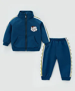 Kookie Kids Full Sleeves Solid Color Sweat Jacket and Lounge Pant Set with Patch - Teal Blue