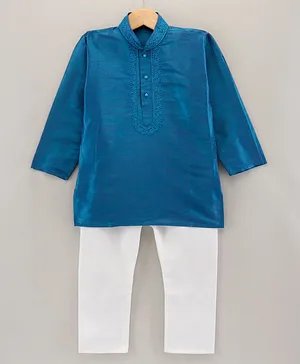 Ridokidz Full Sleeves Placement Lace Detail Kurta And Pyjama - Blue