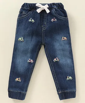 ToffyHouse Full Length Denim Jeans with Scooter Embroidered Design - Blue
