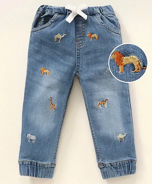ToffyHouse Full Length  Washed Denim Jeans  Lion Embroidered - Blue