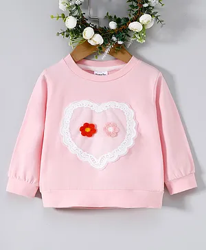 Kookie Kids Cotton Full Sleeves Floral Embroidery Tee - Pink