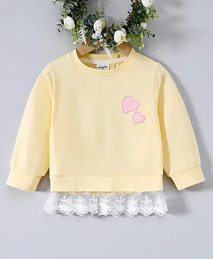 Kookie Kids Full Sleeves Cotton T-Shirt With Lace Detailing & Heart Embroidery- Yellow