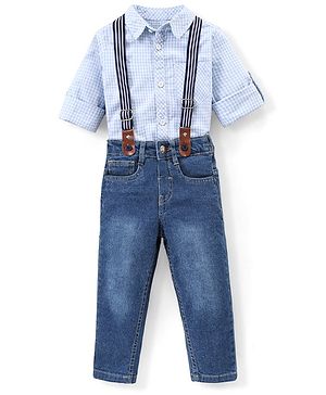 Babyhug 100%  Cotton Full Sleeves Checks Shirt & Denim Jeans With Suspender - Blue