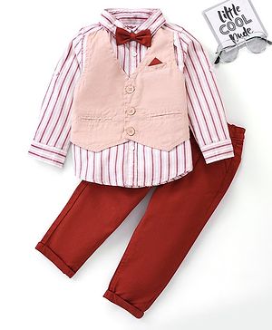 Babyhug Full Sleeves Striped Shirt With Attached Waistcoat & Trouser Set With Bow - Brown