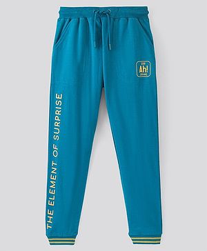 Pine Kids Full Length 100% Cotton Knit Biowashed Joggers Text Print - Blue
