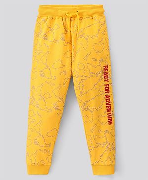 Pine Kids Full Length Bio Washed Cotton Knit Lounge Pant With World Map All Over Print - Yellow