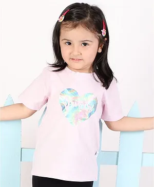 The Mom Store Half Sleeves Princess Printed Glitter Finish Tee - Pink