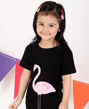 The Mom Store Half Sleeves Flamingo Placement Printed & Floral Applique Tee -Black