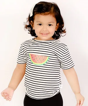 The Mom Store Half Sleeves Watermelon Placement Printed & Striped Tee - Black & White