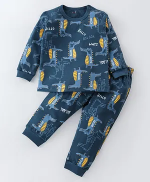 Kookie Kids Full Sleeves Winter Wear Tee & Lounge Pants Set Alligator Print- Blue