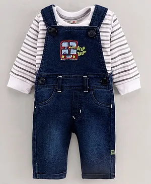 Brats and Dolls Cotton Dungaree with Vehicle Embroidery and Full Sleeves Striped T-shirt - Grey