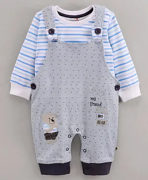 Brats and Dolls Cotton Dungaree with Teddy Embroidery and Full Sleeves Striped T-shirt - Blue
