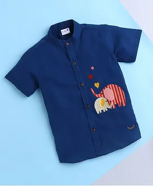 BAATCHEET Half Sleeves Striped Elephant & Heart Placement Embroidered Shirt - Blue