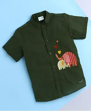 BAATCHEET Half Sleeves Striped Elephant & Heart Placement Embroidered Shirt - Green