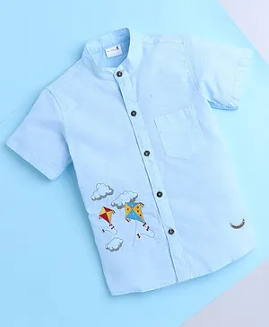 BAATCHEET Half Sleeves Kite With Cloud Placement Embroidered Shirt - Light Blue