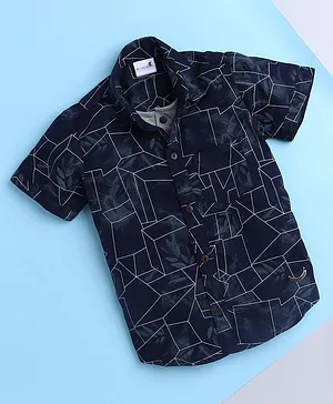 BAATCHEET Half Sleeves Abstract Geometric & Faded Leaf Printed Shirt With Attached Tee - Navy Blue