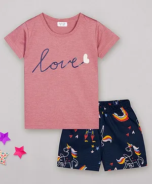 Sheer Love Short Sleeves Love & Unicorn Castle Printed Night Suit - Pink