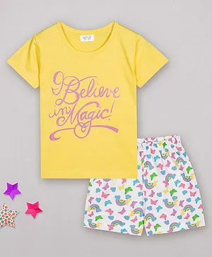 Sheer Love Short Sleeves Believe In Magic Rainbow With Butterflies Printed Night Suit - Yellow
