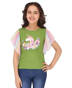 Cutecumber Flutter Sleeves Unicorn Print Top - Green