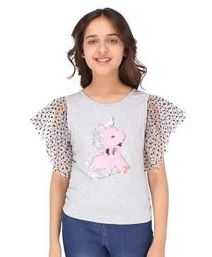 Cutecumber Flutter Sleeves Sequin Cat Patch Embellished Top - Grey