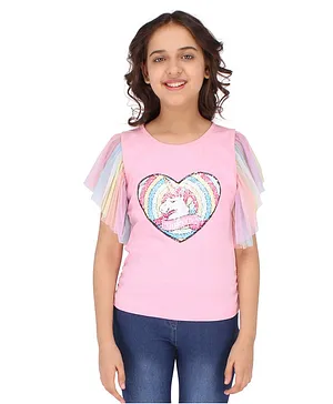 Cutecumber Flutter Sleeves Heart Shaped Sequin Unicorn Patch Embellished Top - Pink