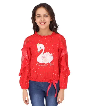 Cutecumber Full Sleeves Polka Dotted Swan Patch Embellished Top - Red