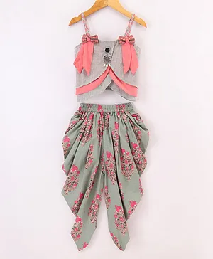 Twisha Sleeveless Bow Embellished Striped Top With Floral Design Dhoti - Grey Pink