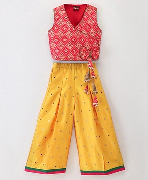 Twisha Sleeveless Patola Woven Angarakha Style Choli With Embroidered Palazzo Pants - Red & Yellow
