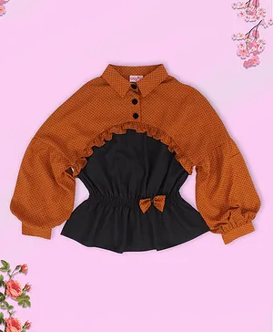 Cutecumber Full Sleeves Bow Embellished Polka Dotted Cinched Waist Top - Brown