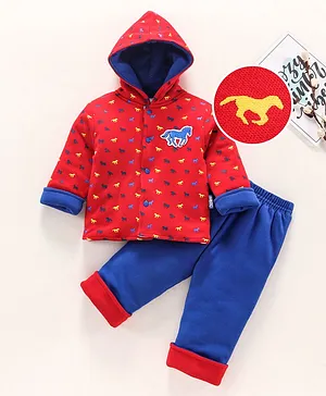 Child World Full Sleeves Winter Wear Sweatshirt & Lounge Pants With Horse Embroidery- Red