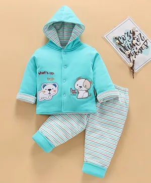 Child World Full Sleeves Winter Wear Sweatshirt & Striped Lounge Pants With Embroidery- Green