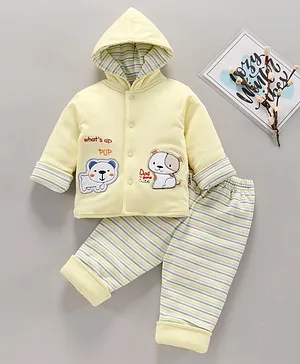 Child World Full Sleeves Winter Wear Sweatshirt & Striped Lounge Pants With Embroidery- Yellow