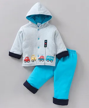 Child World Full Sleeves Hooded Winter Wear Suit Car Embroidery - Blue Grey