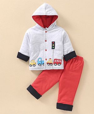 Child World Full Sleeves Winter Wear Hooded Sweatshirt & Lounge Pants With Car Embroidery- Red