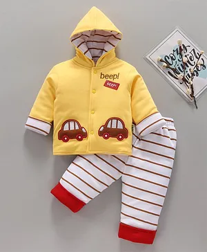 Child World Full Sleeves Hooded Polywool Winter Wear Suit with Car Patch - Yellow White