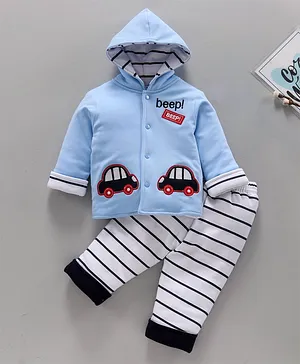 Child World Full Sleeves Hooded Polywool Winter Wear Suit with Car Patch - Sky Blue White