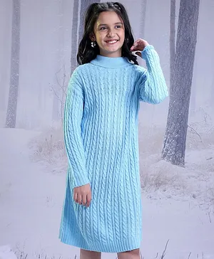 Hola Bonita Full Sleeves Cable Knit Sweater Dress- Sky Blue