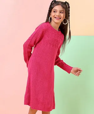 Hola Bonita Full Sleeves Rib Winter Dress- Pink