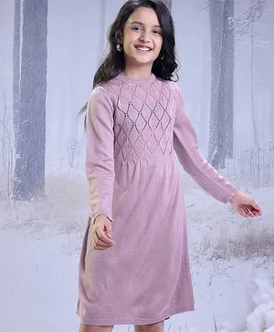 Hola Bonita Full Sleeves Diamond Pattern Pointelle Knit Winter Dress- Purple