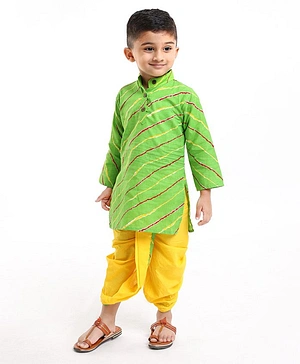Teentaare Full Sleeves Cotton Kurta & Dhoti Set Leheriya Print- Green